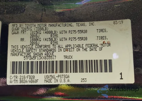 2019 Toyota Tundra Sr5 5.7L V8 from USA, damaged, VIN 5TFDW5F13KX835517